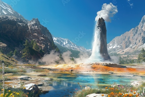 Obraz na płótnie Majestic geyser erupts, surrounded by colorful geothermal pools w salonie