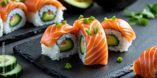 Fresh salmon sushi rolls with avocado and cucumber on black slate platter with green onions and cucumber slices photo