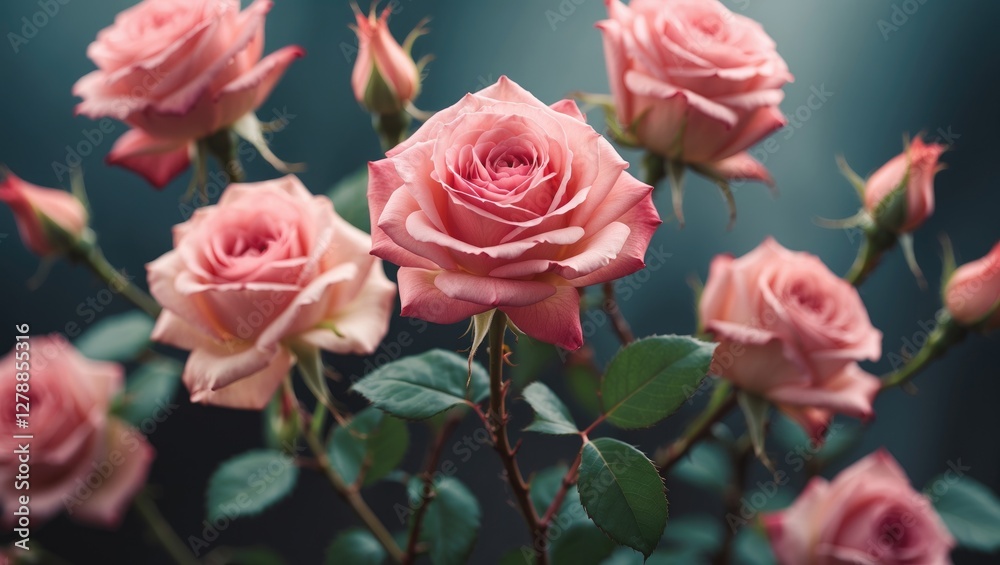 Pink roses with green leaves in soft focus against a blurred background floral arrangement displayed elegantly. Pink roses with green leaves in soft focus against a blurred background floral arrangement displayed elegantly.