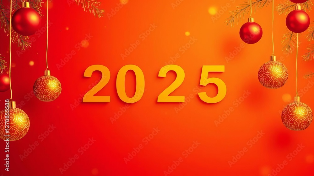 Red Happy New Year 2025 banner with gradient yellow spot ornaments, celebration, banner, new year Red Happy New Year 2025 banner with gradient yellow spot ornaments, celebration, banner, new year