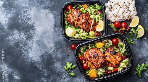 Healthy meal prep containers with balanced meals, healthy eating habits, convenient wellness trends. 