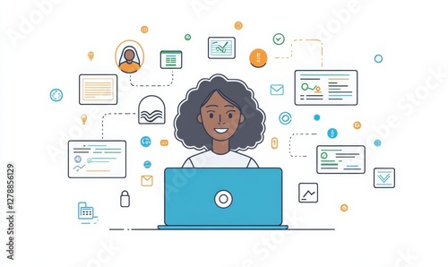 Professional using laptop to access benefits & employee services dashboard, icons representing human resources, insurance, payroll, retirement plans &
