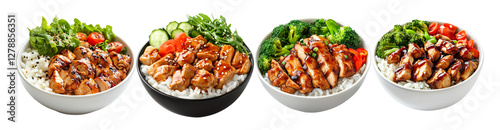 Set of teriyaki chicken rice bowl isolated on transparent background