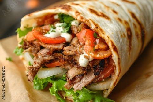 A close-up of a shawarma dürum roll