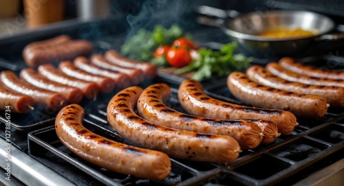 Grilled sausages on barbecue grill with fresh vegetables and herbs in a modern kitchen setting