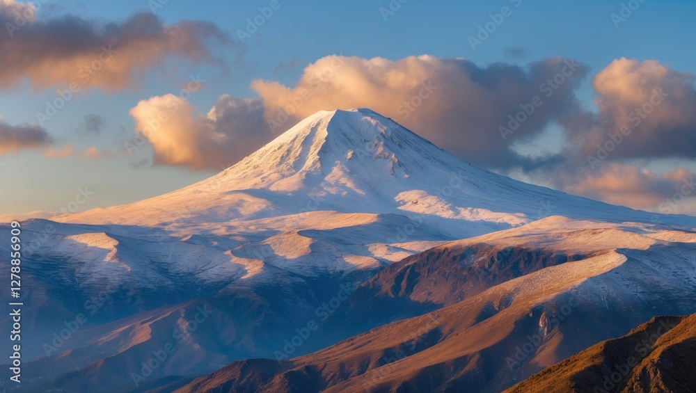Snow-capped volcanic mountain with dramatic clouds and sunlight in a clear blue sky over surrounding landscape