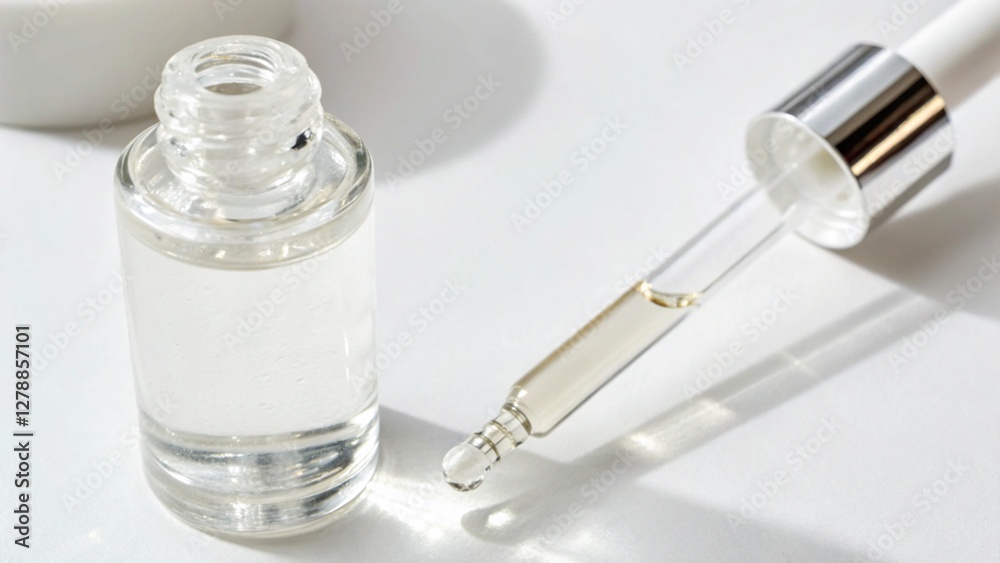 A close-up of a sleek, transparent bottle of collagen serum with a dropper, placed on a clean concept. A close-up of a sleek, transparent bottle of collagen serum with a dropper, placed on a clean concept.