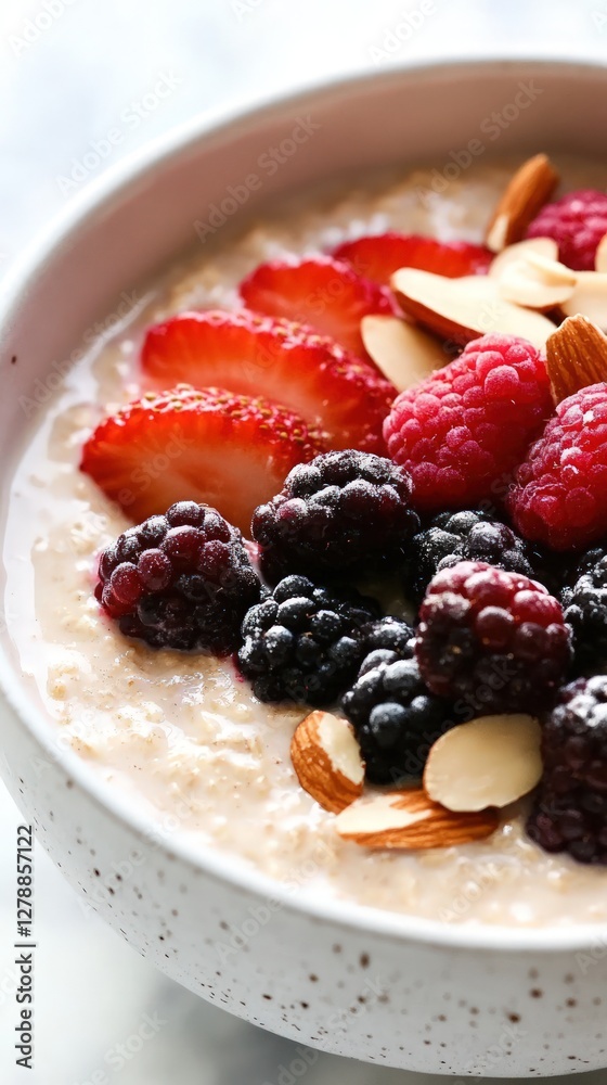 Closeup of a bowl of oatmeal topped with fresh strawberries, raspberries, blackberries, and sliced almonds. The oatmeal appears creamy and light beige. The bowl is light gray pink with speckled Closeup of a bowl of oatmeal topped with fresh strawberries, raspberries, blackberries, and sliced almonds. The oatmeal appears creamy and light beige. The bowl is light gray pink with speckled