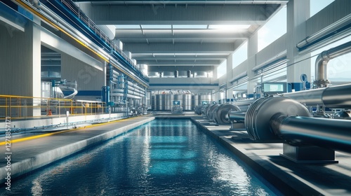 A large industrial building with a large water tank and a large water pipe