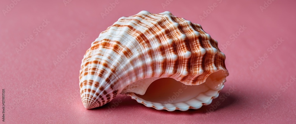 Close-up of a brown and white striped sea shell on a pink background showcasing intricate patterns and textures. Close-up of a brown and white striped sea shell on a pink background showcasing intricate patterns and textures.