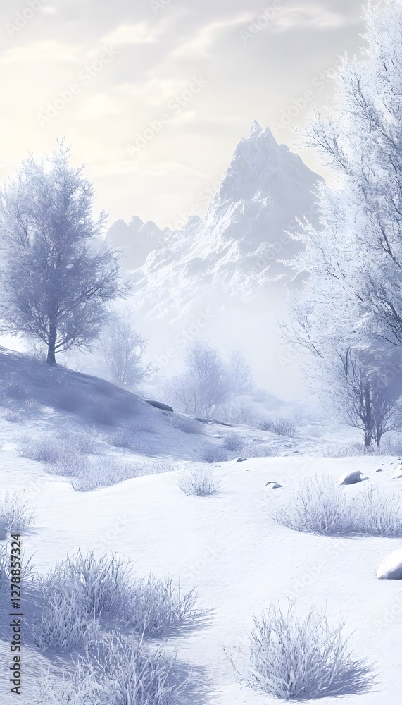 Snowy landscape shows mountains and frost covered vegetation Snowy landscape shows mountains and frost covered vegetation