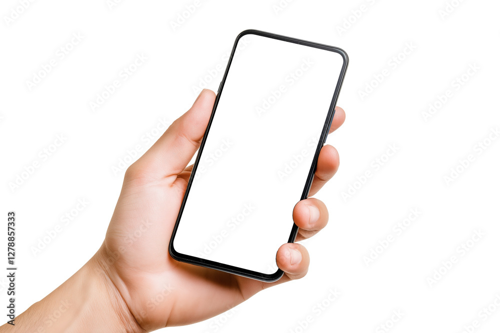 Hand holding a modern smartphone with a blank screen, isolated on a transparent background Hand holding a modern smartphone with a blank screen, isolated on a transparent background