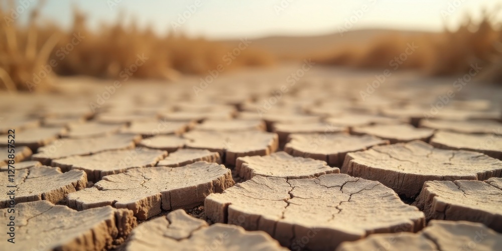 Fototapeta premium Arid Landscape Sun-baked earth displays a network of deep cracks, a testament to prolonged drought and the harsh realities of desertification, with blurred golden grasses in the background.