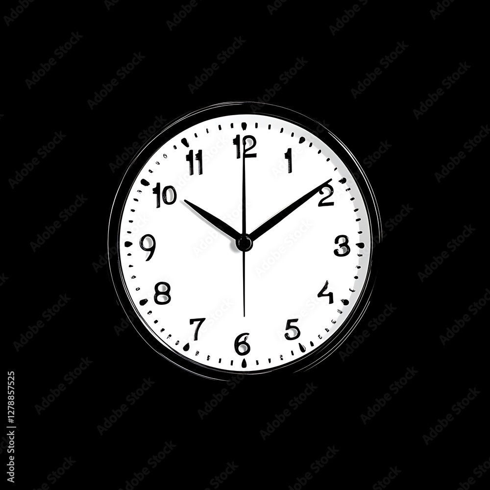 A classic black and white analog clock on a dark background showcasing ten past two A classic black and white analog clock on a dark background showcasing ten past two