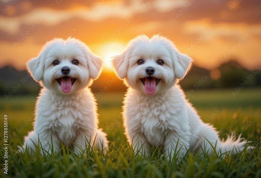 White Fluffy Dogs Enjoying Sunset on Grass White Fluffy Dogs Enjoying Sunset on Grass