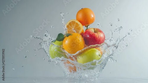 Fototapeta Naklejka Na Ścianę i Meble -  Fresh Mixed fruits levitating with dynamic water splashes surrounding them, set against a light grey background, isolated with copy space. 