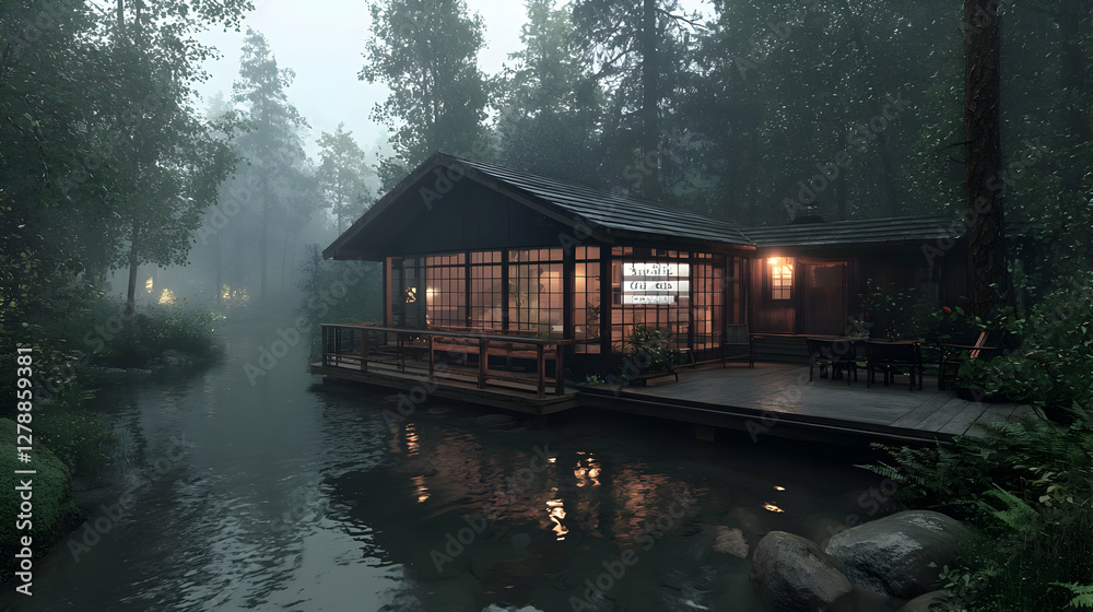 Fototapeta premium Serene lakeside cabin, misty forest, evening ambiance, peaceful retreat