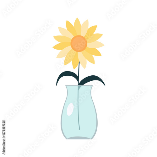Flower in vase. Transparent glass vases with blue water. Yellow flowers collection. Sunflower. Cute colorful icon collection. Ceramic Pottery decoration. White background. Isolated. Flat design Vector