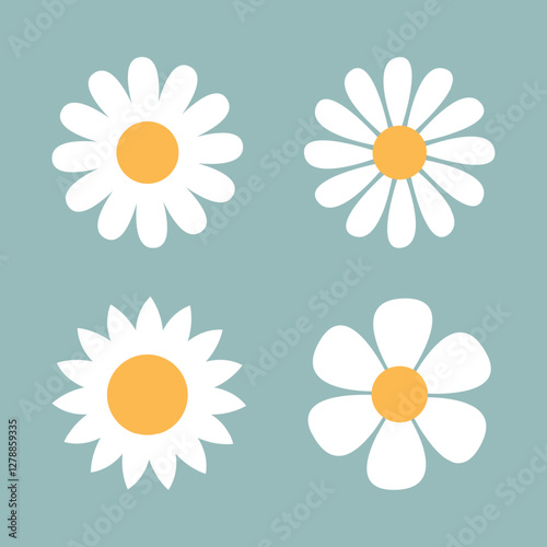 Daisy chamomile set. White Camomile icon. Cute round flower head plant collection. Love card symbol. Growing concept. Simple flat design. Nature sign. Childish style. Isolated. Green background Vector