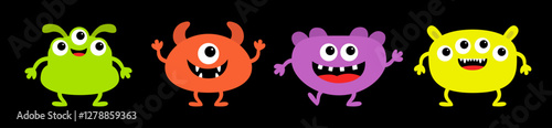 Monster set line. Different face. Happy Halloween. Colorful silhouette monsters. Cute kawaii cartoon funny boo character. Eyes, teeth, horns hands. Childish style. Flat design. Black background Vector
