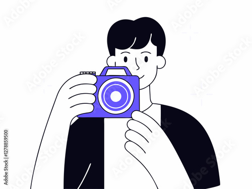 Clip art of a young man holding an SLR camera. Simple Illustration