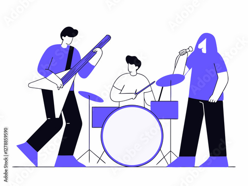 Illustration of a three-piece band. Guitar, bass, drums. Simple Illustration