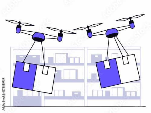 Clip art of a drone delivering packages. Simple illustration