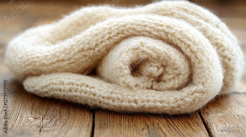 Soft white knitted blanket laying comfortably on a rustic wooden floor