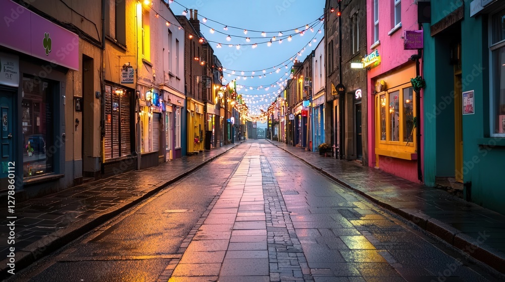 Obraz premium Cinematic shot of the historic town of Trim with Saint Patrick's Day festivities, vibrant colors, warm lighting
