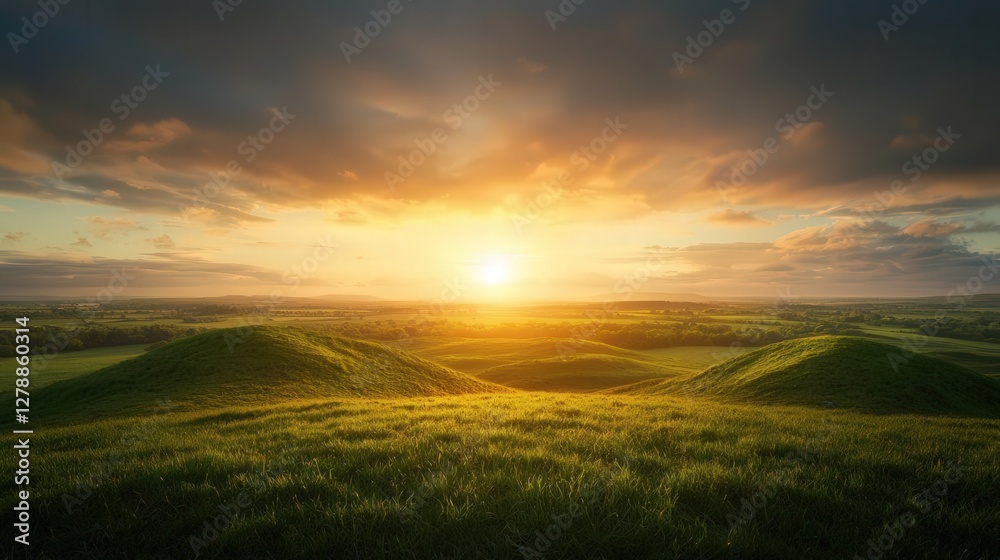 Serene sunset over rolling hills.