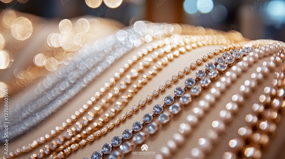 Luxurious necklaces with sparkling gemstones displayed on a beige surface. Luxurious necklaces with sparkling gemstones displayed on a beige surface.