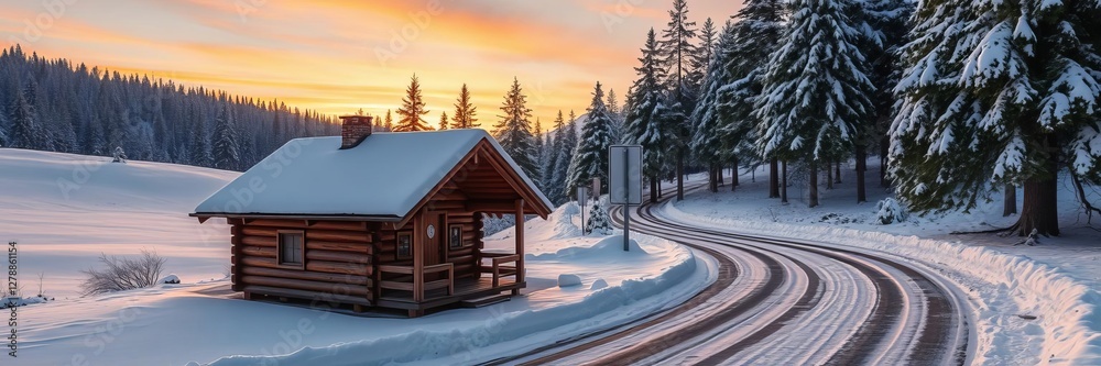 Snow covered pines in a winter wonderland illuminated by a golden sunrise, with a small wooden cabin nestled beside a winding road, wooden cabin, winter, covered Snow covered pines in a winter wonderland illuminated by a golden sunrise, with a small wooden cabin nestled beside a winding road, wooden cabin, winter, covered