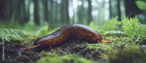 A glistening slug slowly moves across verdant moss in a misty forest, encapsulating the harmony and moisture of a woodland habitat.
