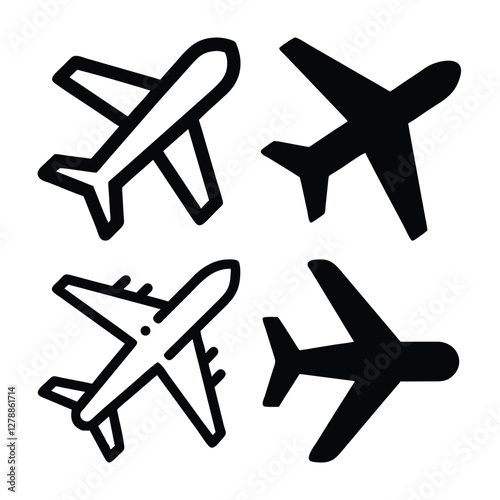 Four simple black airplane icons for travel or transportation design.