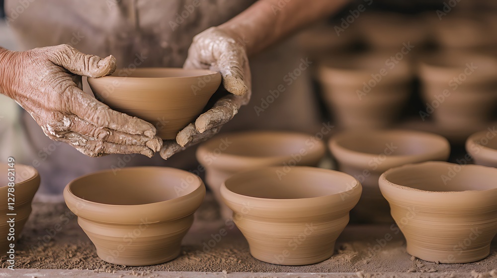 Pottery Hands Holding Clay Bowl Above Row of Vessels Pottery Hands Holding Clay Bowl Above Row of Vessels