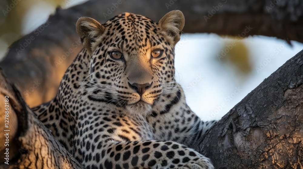 Fototapeta premium Leopard Resting on Tree Branch in Golden Light