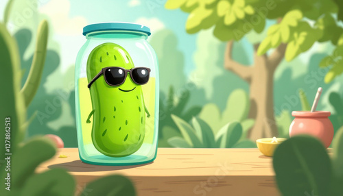 Whimsical pickle in sunglasses: fun summer snack illustration for design projects