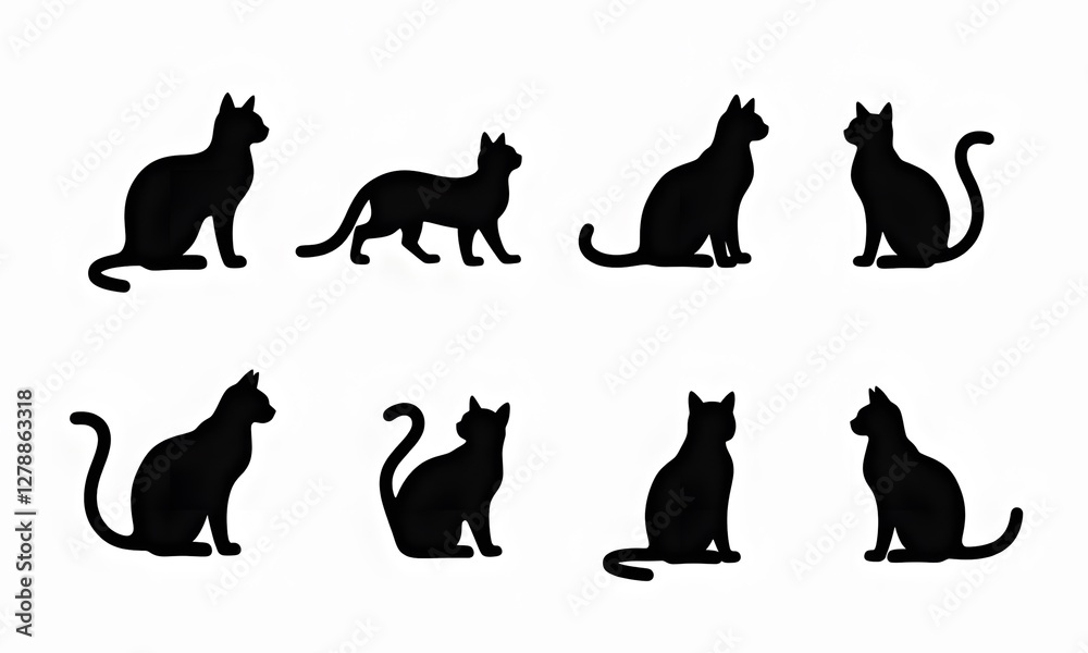 Simple Cat Silhouettes in Various Poses Against White Background Simple Cat Silhouettes in Various Poses Against White Background