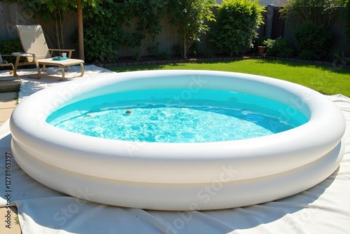 A pristine inflatable pool filled with refreshing blue water sits in a sunny backyard, inviting relaxation and fun on a warm day.