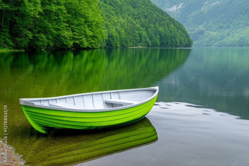 Boat on lake - Single boat waiting on calm, green waters of lake Boat on lake - Single boat waiting on calm, green waters of lake