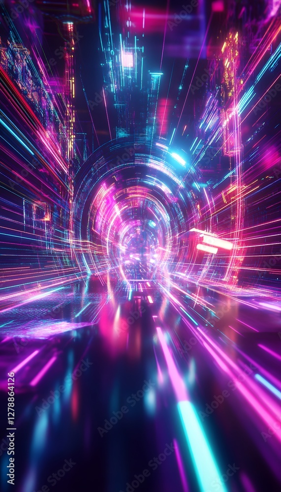Abstract glowing neon lines and shapes create a futuristic tunnel Abstract glowing neon lines and shapes create a futuristic tunnel