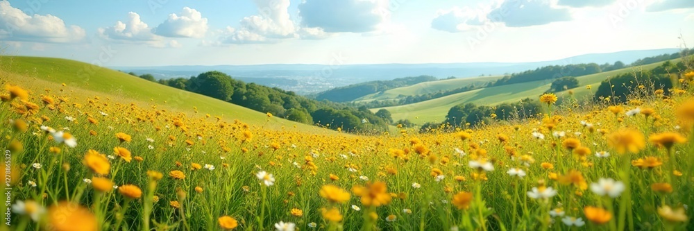 Rolling hills with wildflowers swaying in the wind, field, wild Rolling hills with wildflowers swaying in the wind, field, wild