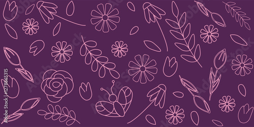 Banner Featuring Delicate Pink Floral Outlines On Dark Purple Background