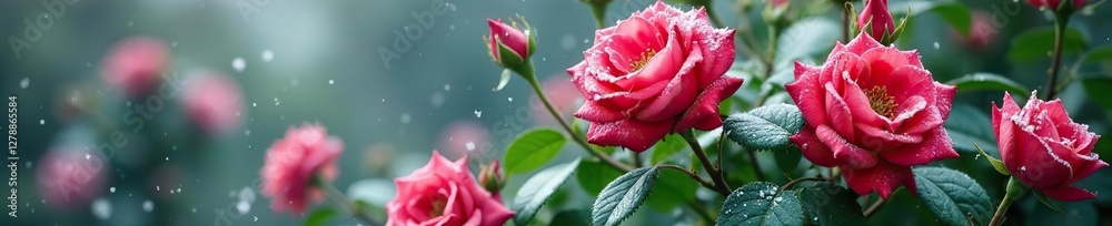 Rose bush covered in white fabric with snowflakes falling around, evergreen, breathable Rose bush covered in white fabric with snowflakes falling around, evergreen, breathable
