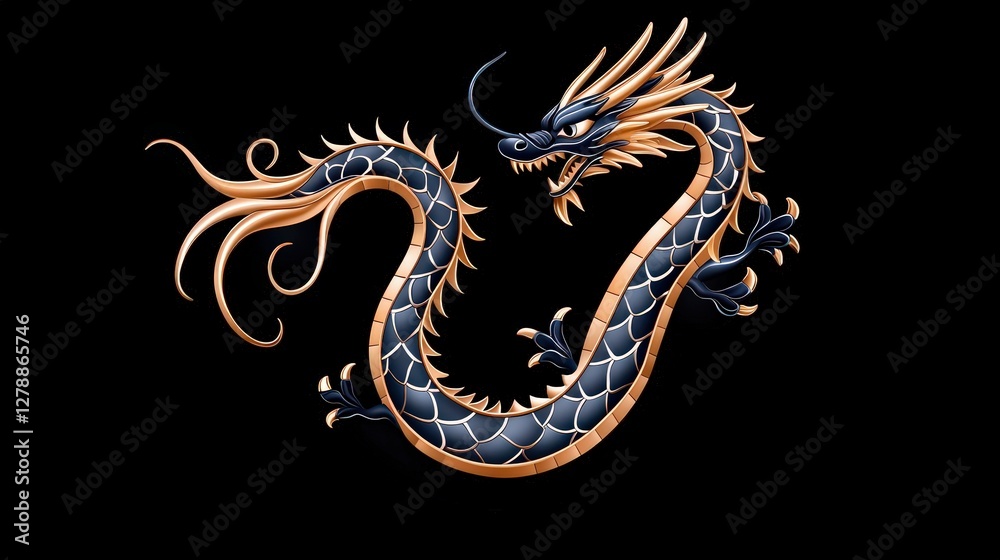 Fototapeta premium Mythical Asian Dragon Illustration with Majestic Colors and Intricate Details on Black Background