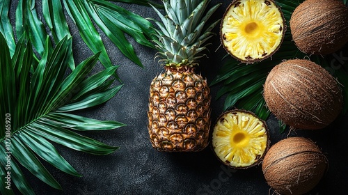 A pine tree and a pineapple juxtaposed on a glossy black surface for a unique still life photo