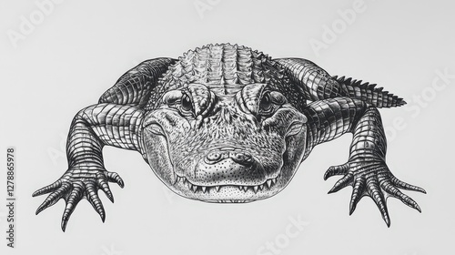 Majestic black-and-white alligator illustration featuring intricate details on the head and upper body. Forward-facing gaze accentuates its striking presence, captured through complex lines and curves photo