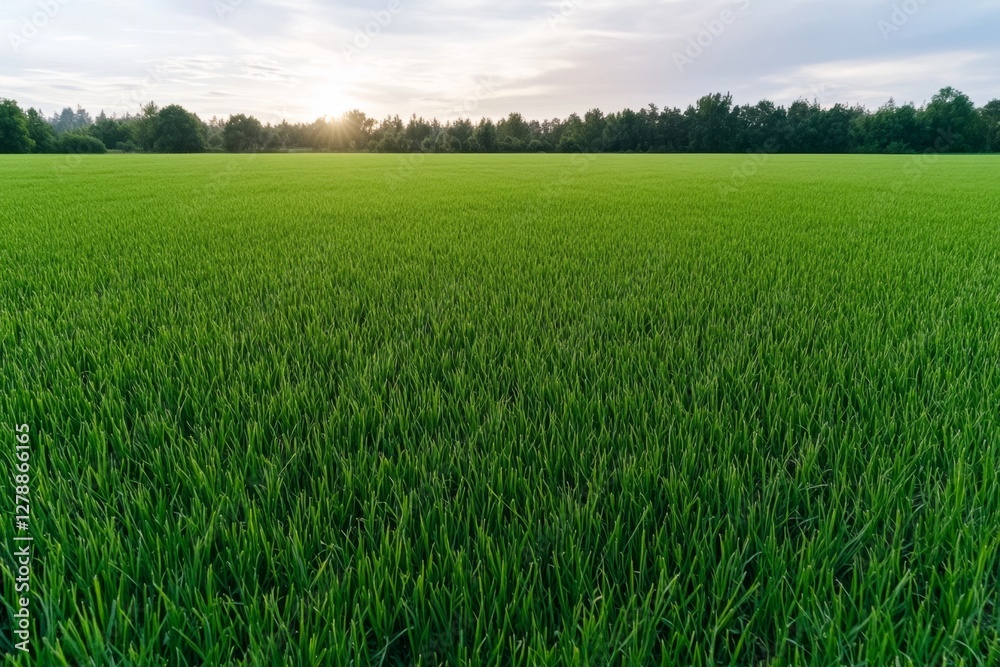 Aerial view of a large grass field with distinct patterns from recent mowing and soft light shadows Aerial view of a large grass field with distinct patterns from recent mowing and soft light shadows
