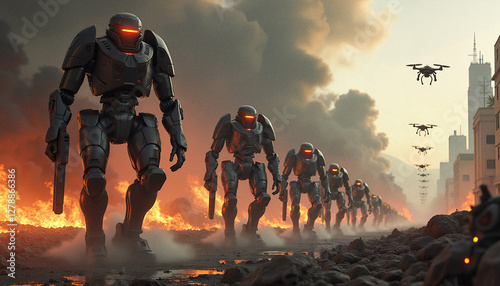 Dark Gray Humanoid Robots Marching Through Burning Cityscape