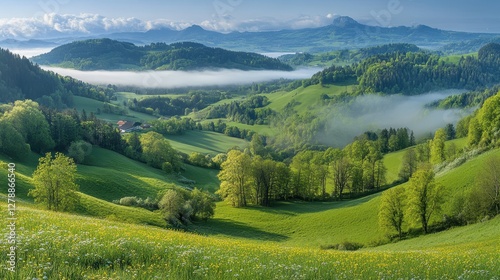 Lush green mountains adorned with trees and a distant house create a serene and picturesque landscape, showcasing nature's beauty and tranquility.